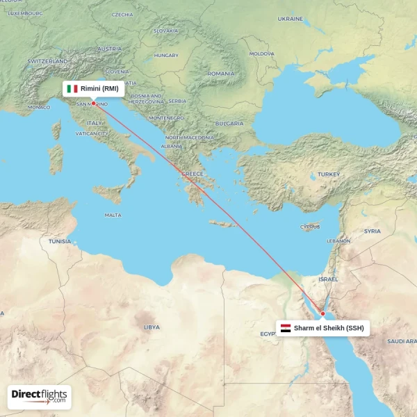 Rimini - Sharm el Sheikh direct flight map