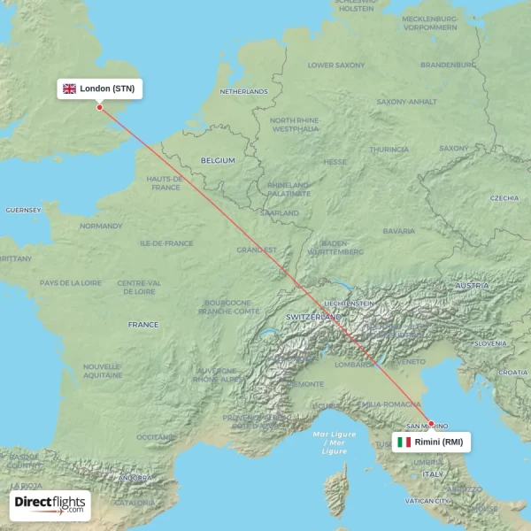 Rimini - London direct flight map