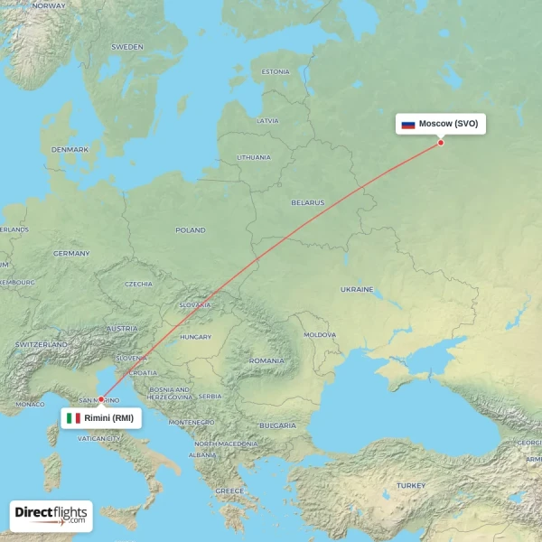 Rimini - Moscow direct flight map