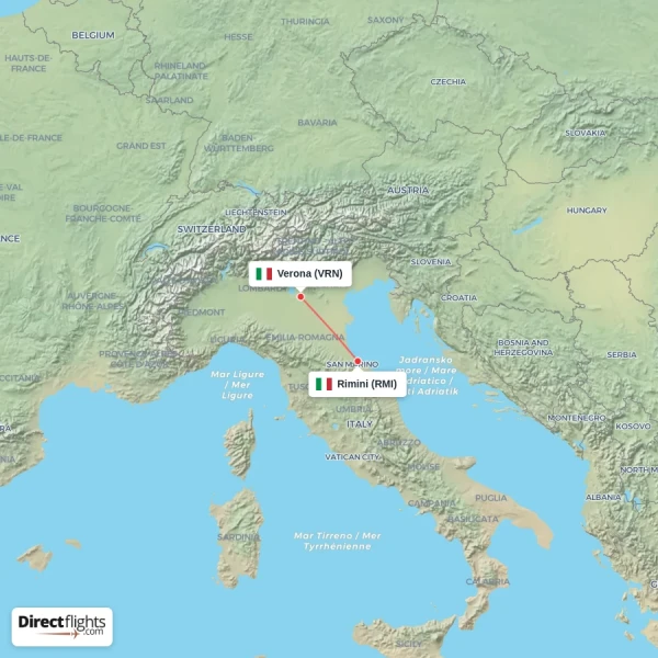 Rimini - Verona direct flight map