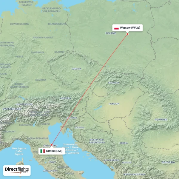 Rimini - Warsaw direct flight map