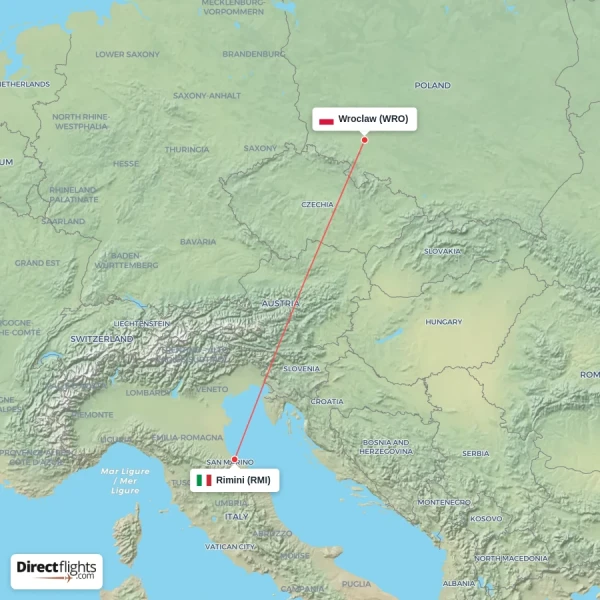 Rimini - Wroclaw direct flight map