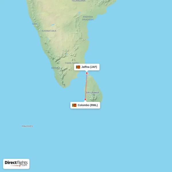 Colombo - Jaffna direct flight map