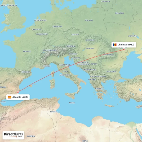 Chisinau - Alicante direct flight map