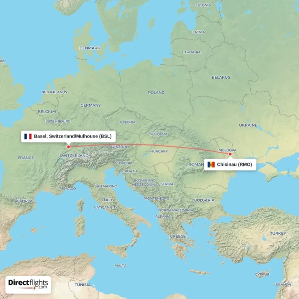Chisinau - Basel, Switzerland/Mulhouse direct flight map