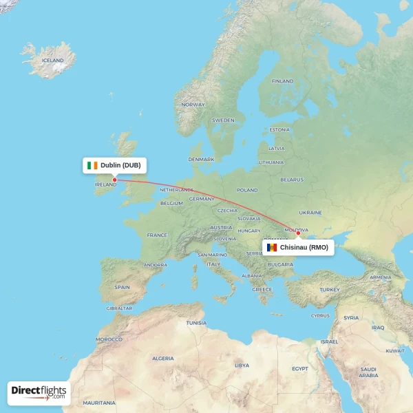Chisinau - Dublin direct flight map