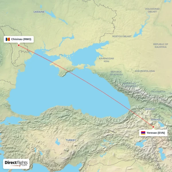 Chisinau - Yerevan direct flight map