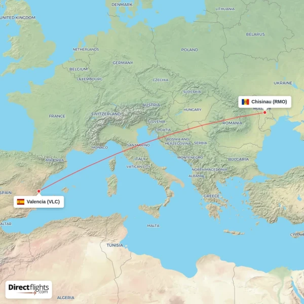 Chisinau - Valencia direct flight map