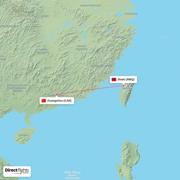 Shalu - Guangzhou direct flight map
