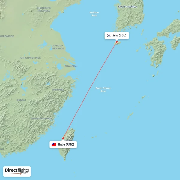 Shalu - Jeju direct flight map
