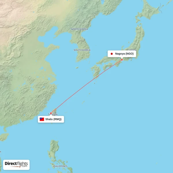 Shalu - Nagoya direct flight map