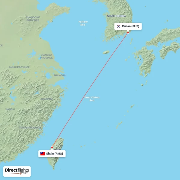 Shalu - Busan direct flight map
