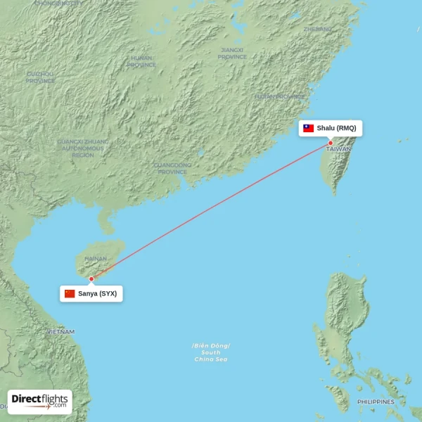 Shalu - Sanya direct flight map
