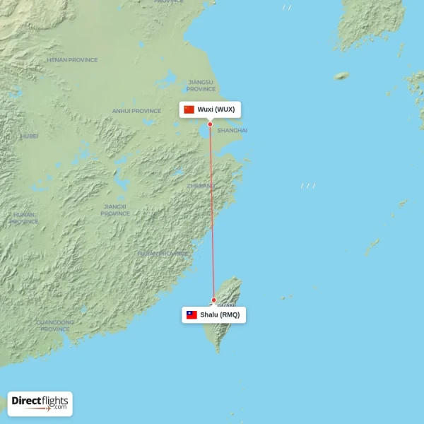 Shalu - Wuxi direct flight map