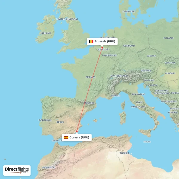 Corvera - Brussels direct flight map