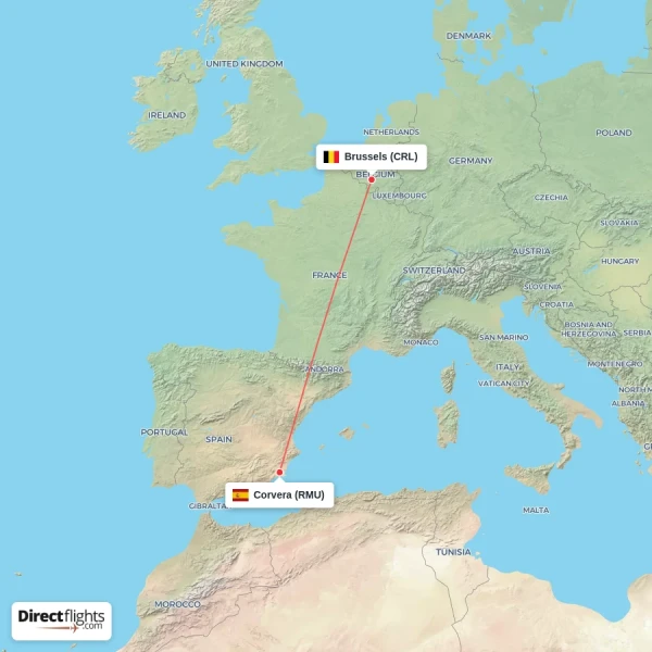 Corvera - Brussels direct flight map