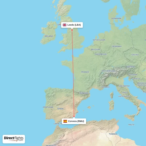 Corvera - Leeds direct flight map
