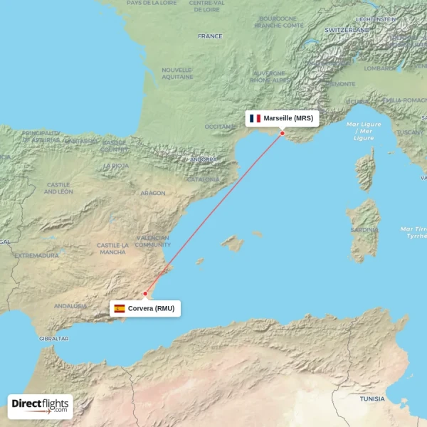 Corvera - Marseille direct flight map