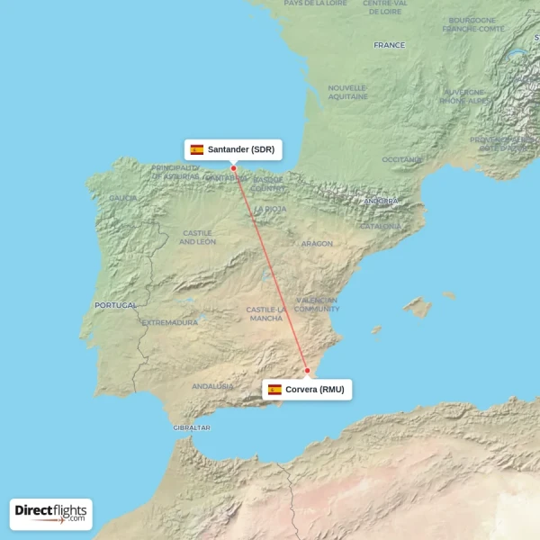 Corvera - Santander direct flight map