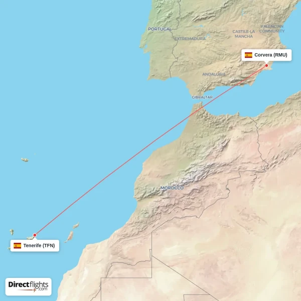 Corvera - Tenerife direct flight map