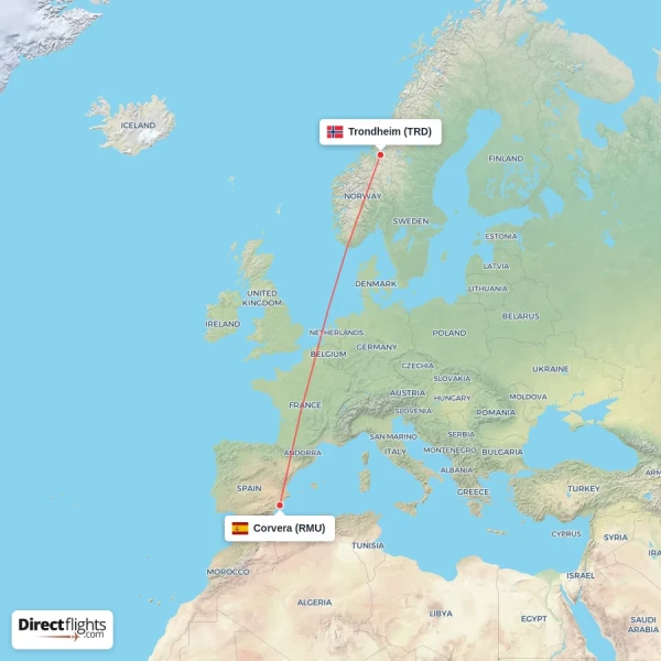 Corvera - Trondheim direct flight map
