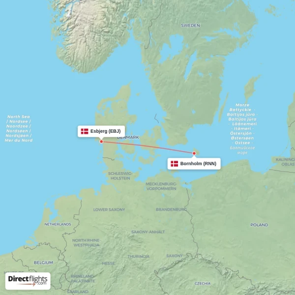 Bornholm - Esbjerg direct flight map