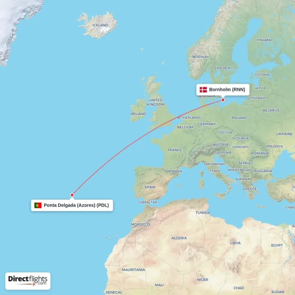 Bornholm - Ponta Delgada (Azores) direct flight map