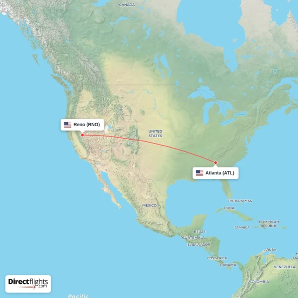 Reno - Atlanta direct flight map