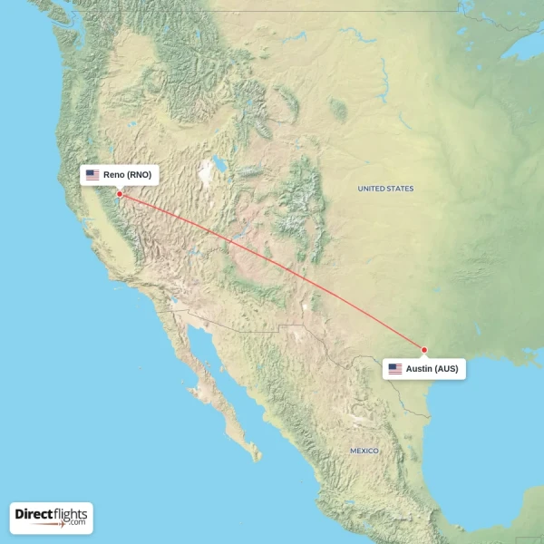 Reno - Austin direct flight map