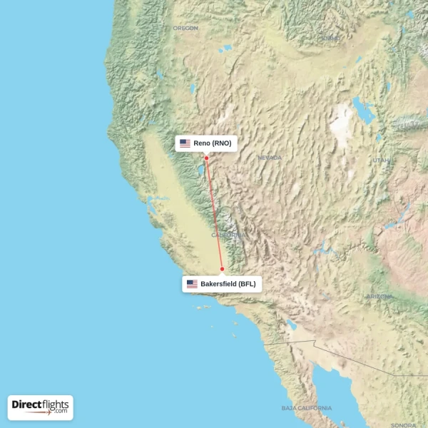 Reno - Bakersfield direct flight map