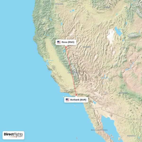 Reno - Burbank direct flight map