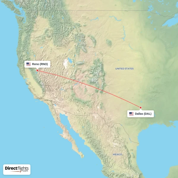 Reno - Dallas direct flight map