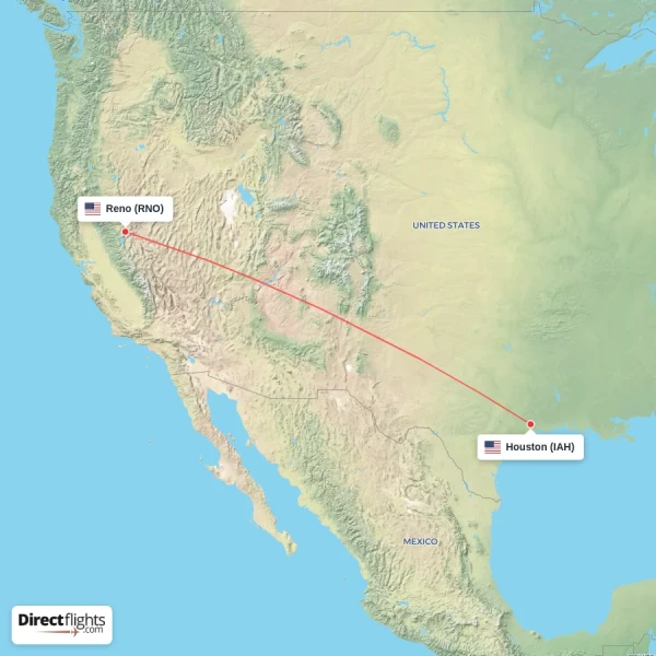 Reno - Houston direct flight map