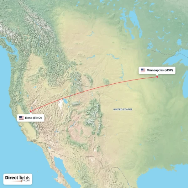 Reno - Minneapolis direct flight map