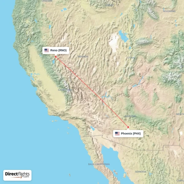 Reno - Phoenix direct flight map