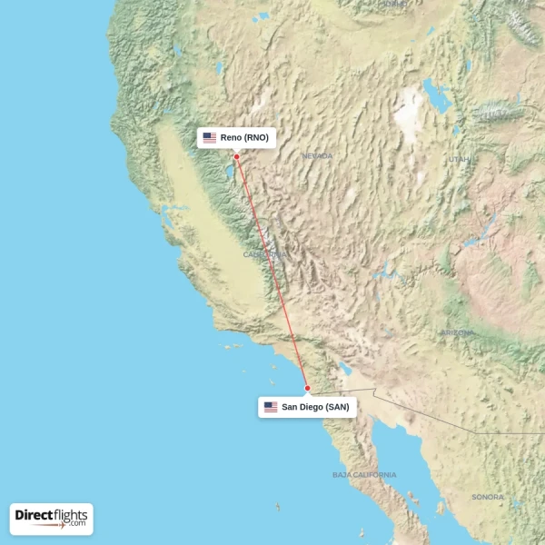 Reno - San Diego direct flight map
