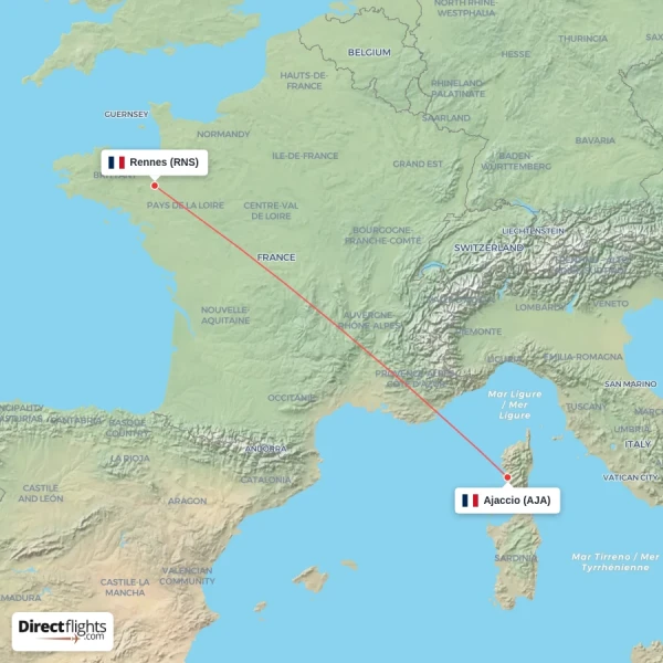 Rennes - Ajaccio direct flight map