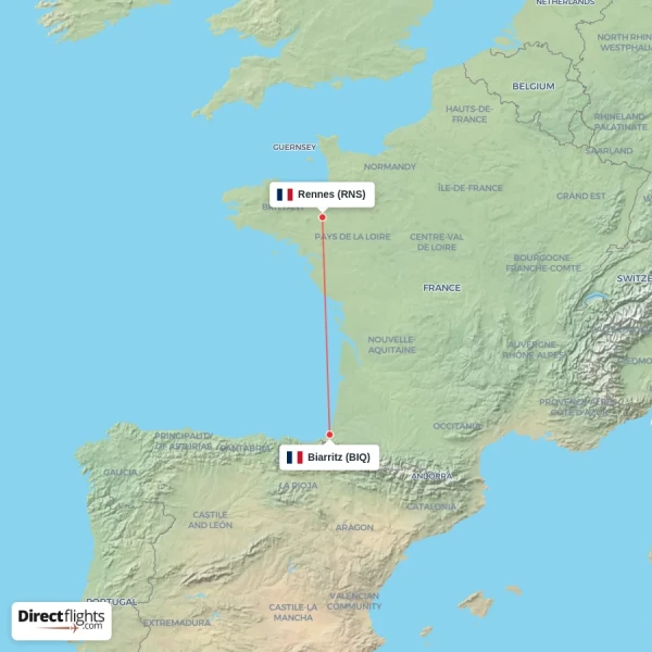 Rennes - Biarritz direct flight map