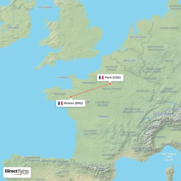 Rennes - Paris direct flight map