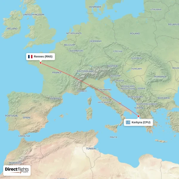 Rennes - Kerkyra direct flight map