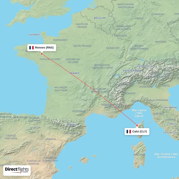 Rennes - Calvi direct flight map