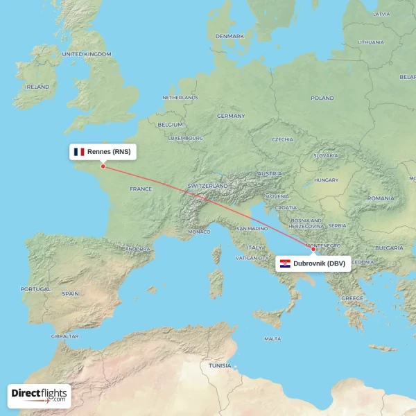 Rennes - Dubrovnik direct flight map