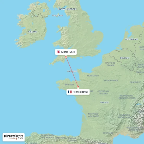 Rennes - Exeter direct flight map