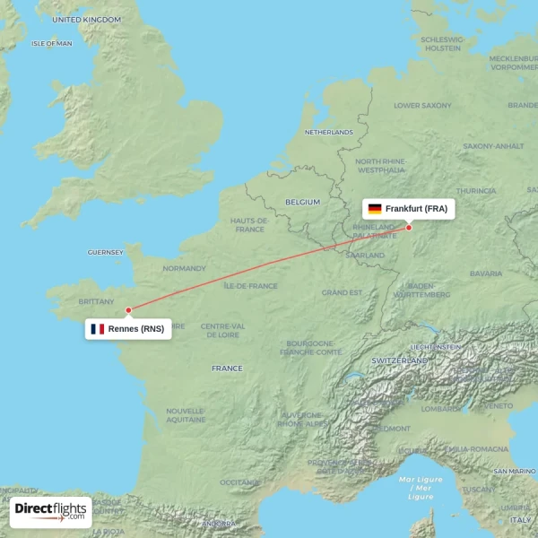 Rennes - Frankfurt direct flight map