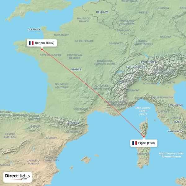Rennes - Figari direct flight map