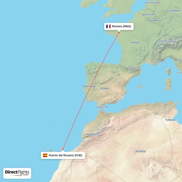 Rennes - Puerto del Rosario direct flight map