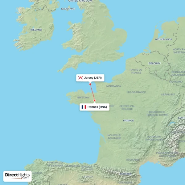 Rennes - Jersey direct flight map