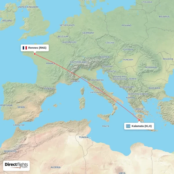 Rennes - Kalamata direct flight map