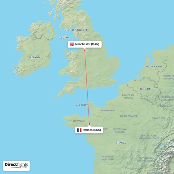 Rennes - Manchester direct flight map