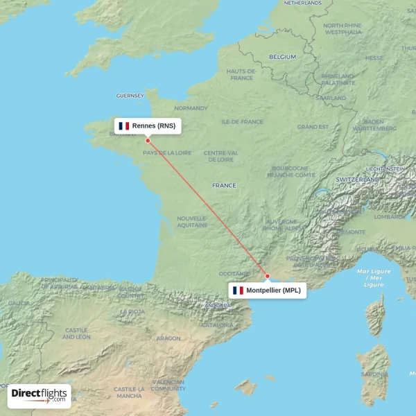 Rennes - Montpellier direct flight map
